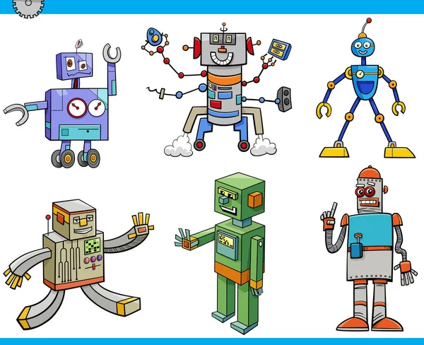 Εικονογράφηση Κινουμένων Σχεδίων Των Αστείων Ρομπότ Ανδροειδή Σύνολο Χαρακτήρων Φαντασίας — Διανυσματικό Αρχείο