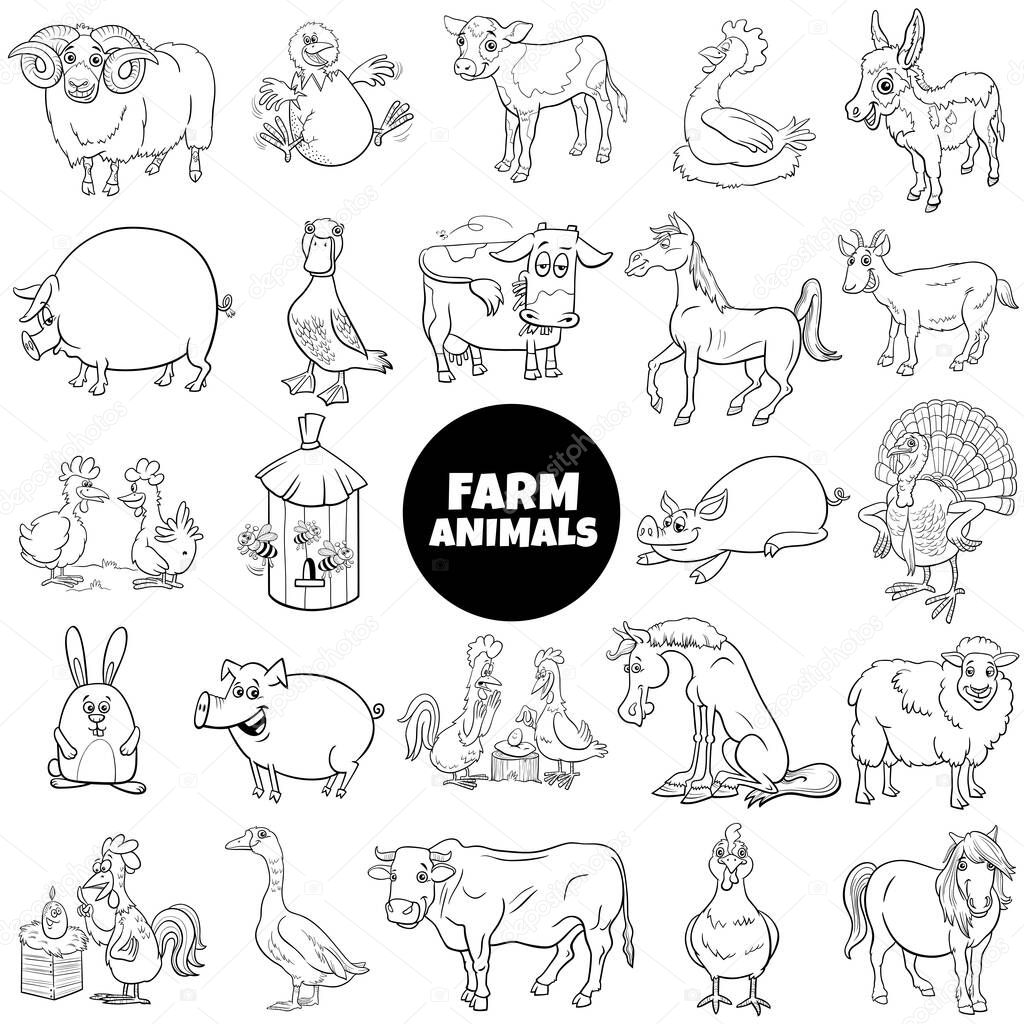 Black and white cartoon illustration of farm animal characters big set coloring book page
