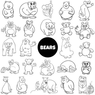 Komik ayıların, hayvan karakterlerinin siyah beyaz çizgi film çizimleri. Büyük set boyama kitabı sayfası.