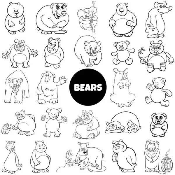 Komik ayıların, hayvan karakterlerinin siyah beyaz çizgi film çizimleri. Büyük set boyama kitabı sayfası.