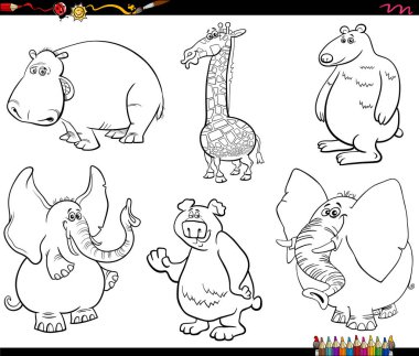 Vahşi hayvanların resimli siyah beyaz çizgi film çizgi romanları boyama kitabı sayfasını oluşturdu