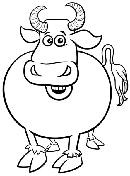 Schwarz Weiße Zeichentrick Illustration Von Lustigen Bullen Bauernhof Tier Charakter — Stockvektor