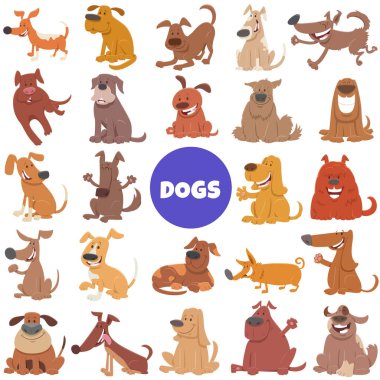 Köpek ve köpek yavrularının çizgi film çizimi. Büyük hayvan karakterleri.