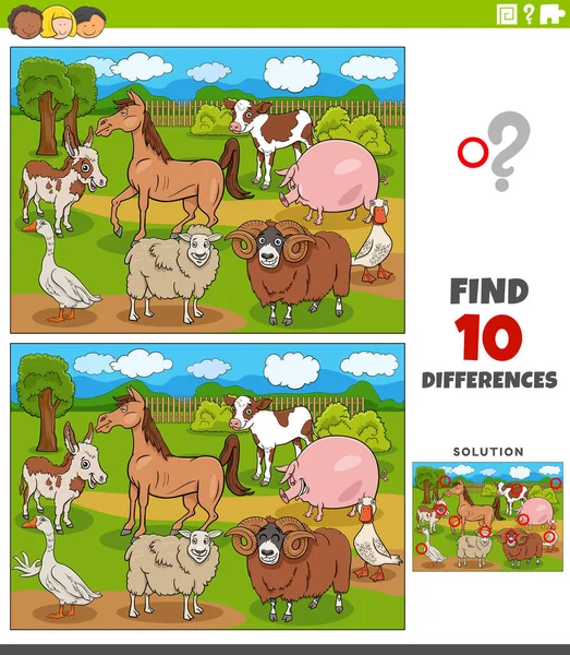 Cartoon Illustration Finding Differences Pictures Educational Game Children Farm Animal — Stock vektor