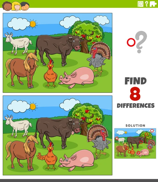 Cartoon Illustration Finding Differences Pictures Educational Task Children Farm Animal —  Vetores de Stock