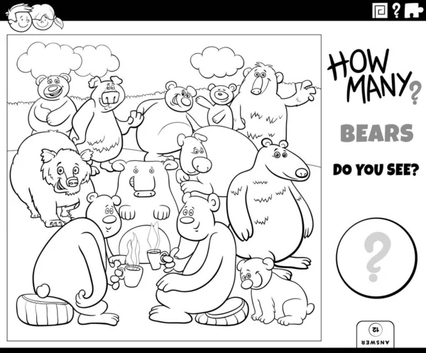 Black White Illustration Educational Counting Task Children Cartoon Bears Animal — Wektor stockowy
