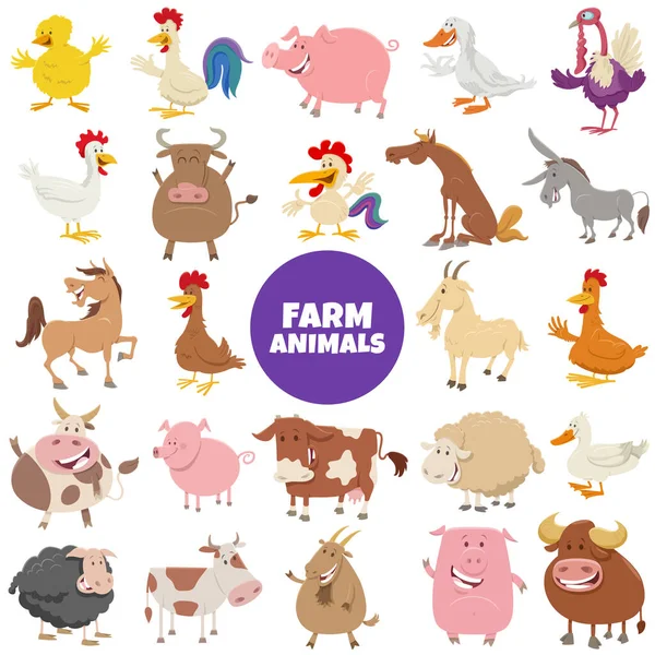 Komik Çiftlik Hayvan Karakterleri Büyük Set Karikatür Çizimi — Stok Vektör