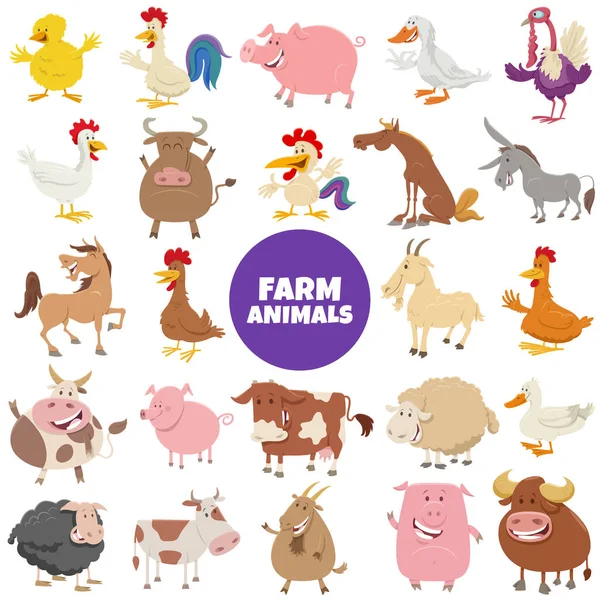 Cartoon Illustration Funny Farm Djur Tecken Stora Set — Stock vektor