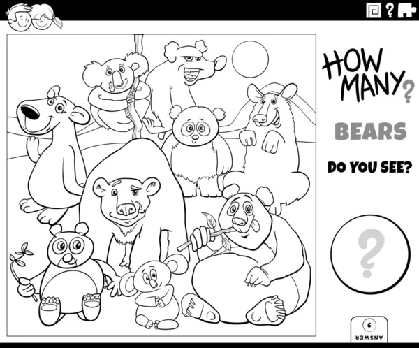 黒と白の漫画クマ動物の文字グループのぬり絵のページを持つ子供のための教育カウントゲームのイラスト — ストックベクタ