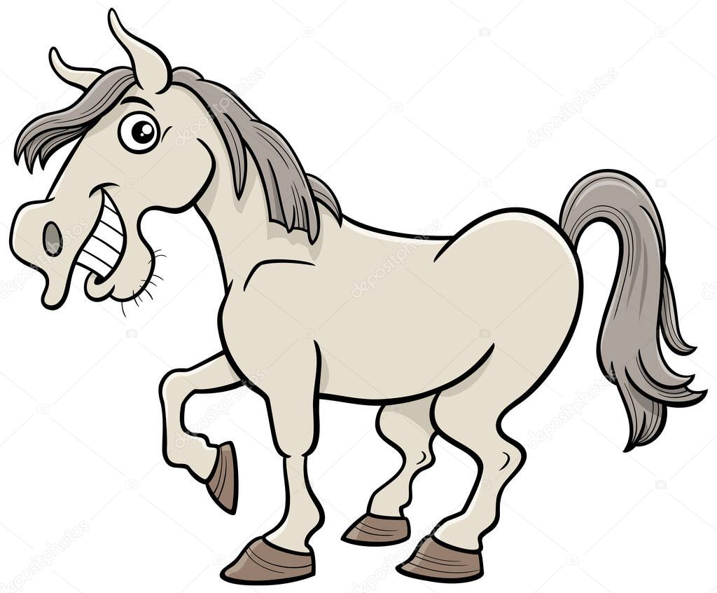 Cartoon illustration of funny white horse farm animal character