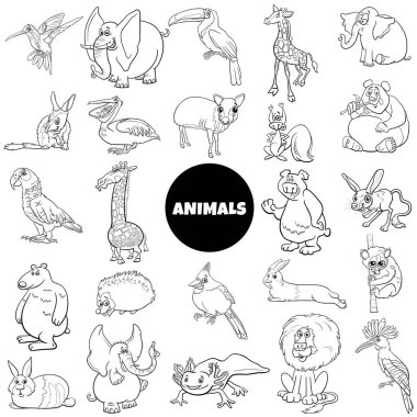 Black and white cartoon illustration of wild animal species characters big set