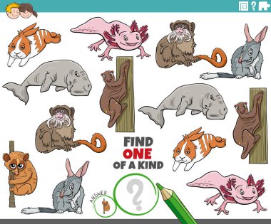 Cartoon illustration of find one of a kind picture educational game with comic animal characters clipart