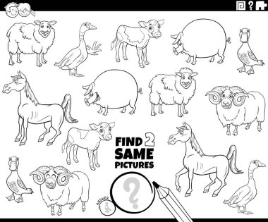 Black and white cartoon illustration of finding two same pictures educational game with farm animals characters coloring book page