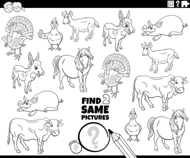 Black and white cartoon illustration of finding two same pictures educational game with comic farm animals characters coloring book page