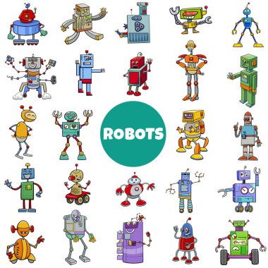Cartoon illustration of robots and androids fantasy characters big set