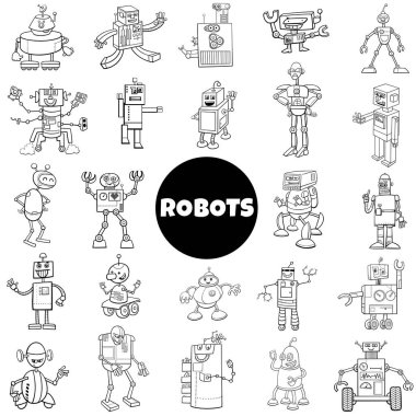Black and white cartoon illustration of robots and androids fantasy characters big set