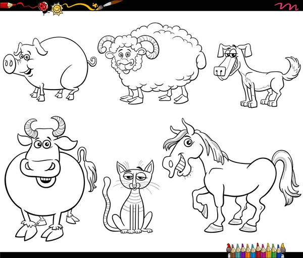 Black White Cartoon Illustration Funny Farm Animals Comic Characters Set — Stockvektor