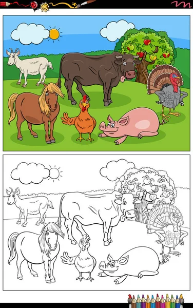 Cartoon Illustration Funny Farm Animals Comic Characters Group Coloring Book — Stockový vektor