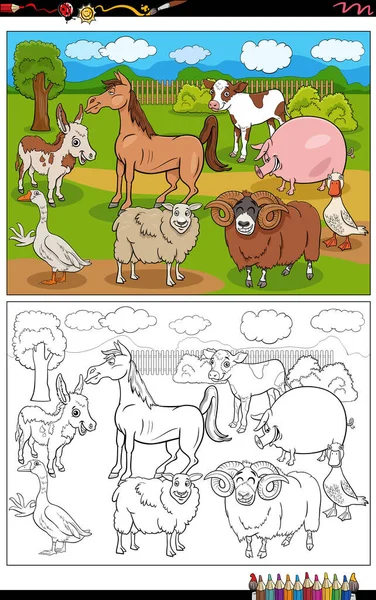 Cartoon Illustration Farm Animals Comic Characters Group Coloring Book Page — ストックベクタ