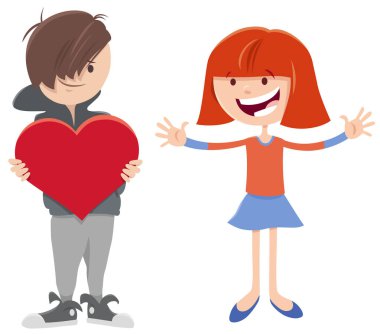 Greeting card cartoon illustration with boy character giving big heart to a girl on Valentines Day