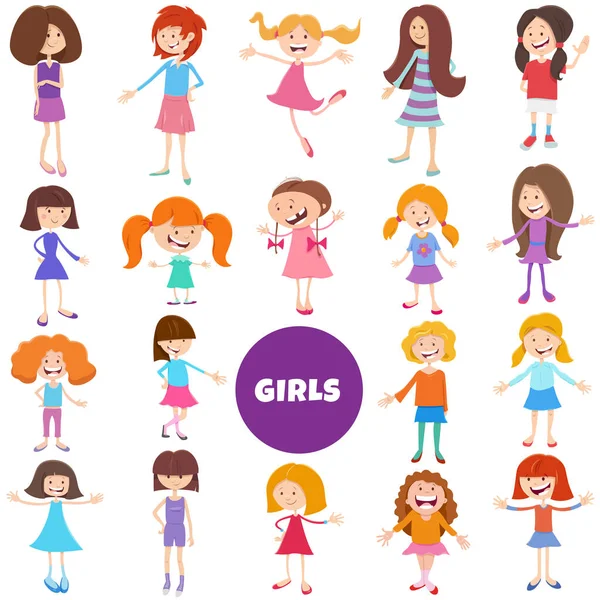 Cartoon Illustration Elementary Teen Age Girls Characters Big Set — 图库矢量图片