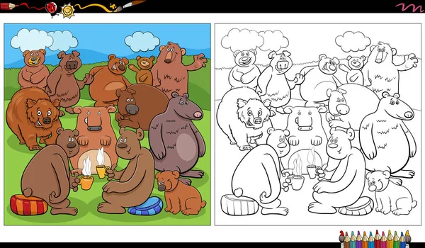 面白いクマの漫画イラストグループ動物キャラクターぬりえ本のページ — ストックベクタ