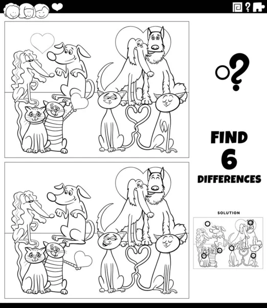 在情人节的彩色书页上 黑白卡通画说明了与恋爱中有趣宠物的图片教育游戏之间的区别 — 图库矢量图片