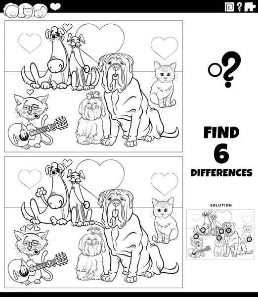 在情人节的彩色书页上 黑白卡通图解揭示了爱情宠物图片教育游戏的不同 — 图库矢量图片