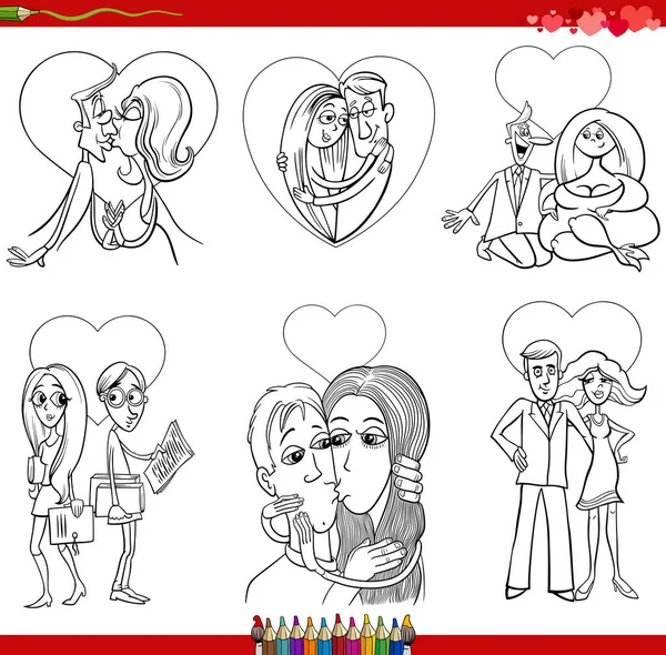 Black White Cartoon Illustration Couples Love Valentines Day Comic Set — Stock Vector