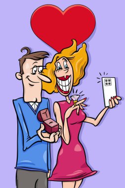 Sevgililer Günü 'nde birbirlerine aşık çiftlerle karikatür çizimleri.