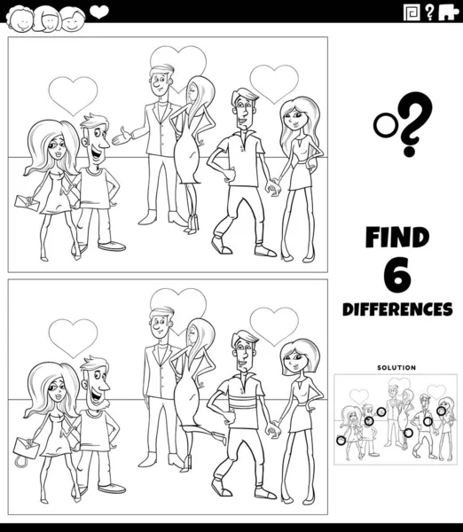 在情人节的彩色书页上 黑人和白人卡通画揭示了与恋人的图片教育任务之间的差异 — 图库矢量图片