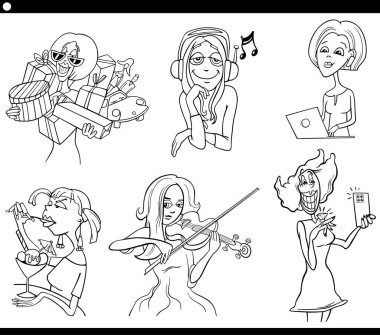 Komik kız ve kadınların siyah beyaz çizimleri çizgi roman sayfasını renklendiriyor.