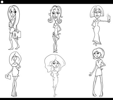 Komik kadın çizgi roman karakterlerinin siyah beyaz çizimi boyama kitabı sayfasını ayarladı