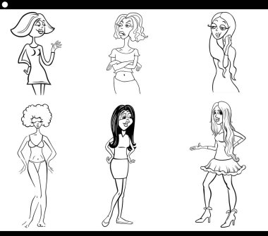 Komik kadın çizgi roman karakterlerinin siyah beyaz çizimi boyama kitabı sayfasını ayarladı