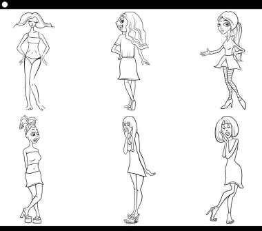 Komik kadın karakterlerinin siyah beyaz çizgi film çizimleri. Çizgi roman sayfası.