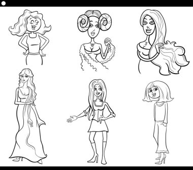 Kadın karakterlerin siyah-beyaz çizimi boyama kitabı sayfasını ayarladı