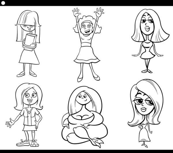 Black White Cartoon Illustration Women Comic Characters Set Coloring Book — Stock Vector