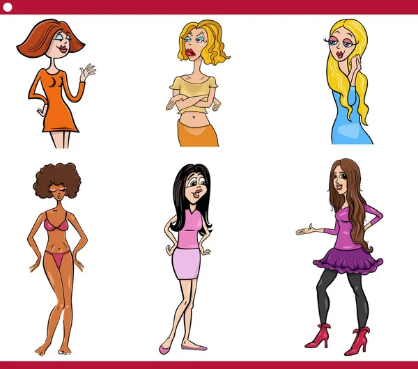 Illustrazione Cartone Animato Divertenti Donne Personaggi Comici Set — Vettoriale Stock