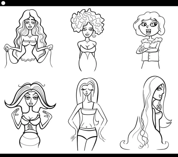 Black White Cartoon Illustration Women Comic Characters Caricature Set Coloring — Stock Vector