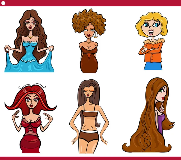 Cartoon Illustratie Van Vrouwen Stripfiguren Karikatuur Set — Stockvector