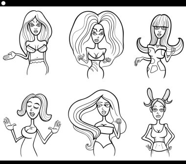 Kadın karakterlerin siyah-beyaz çizimi boyama kitabı sayfasını ayarladı