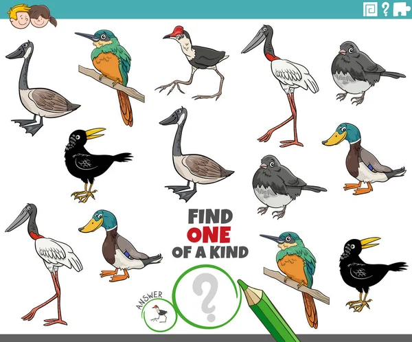 Cartoon Illustration Find One Kind Picture Educational Game Birds Animal — 图库矢量图片