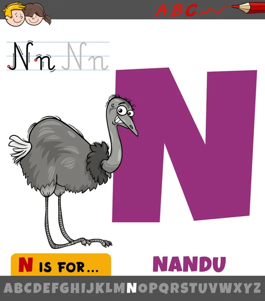 Educational Cartoon Illustration Letter Alphabet Nandu Bird Animal Character — Stock Vector