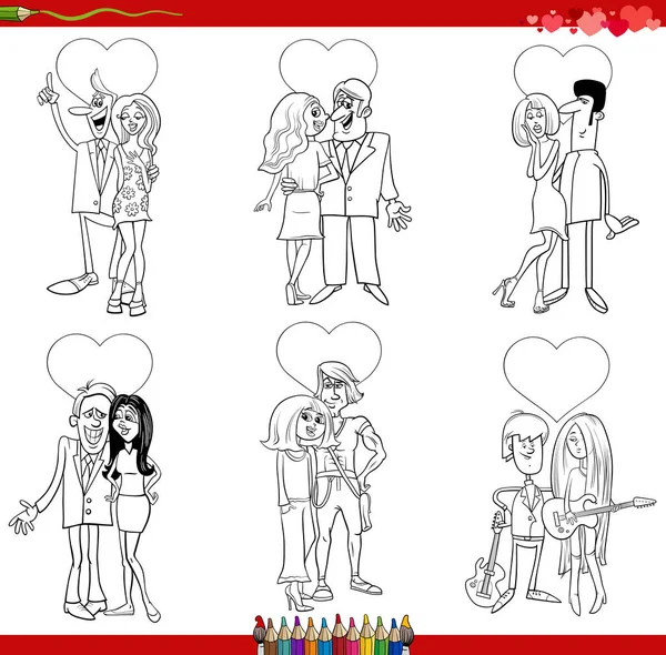 Zwart Wit Cartoon Illustratie Van Stripfiguren Liefde Valentijnsdag Komische Set — Stockvector