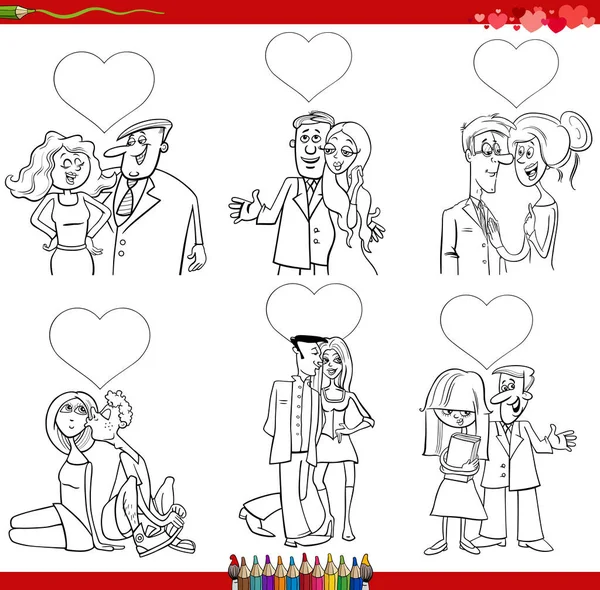 Schwarz Weiße Cartoon Illustration Lustiger Verliebter Paare Valentinstag Comicset — Stockvektor