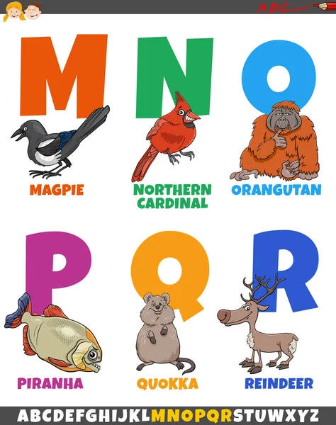 Мультфильм Иллюстрация Красочного Алфавита Буквы Комическими Символами Животных — стоковый вектор