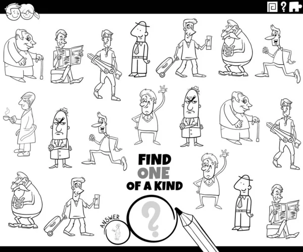 Černobílé Kreslené Ilustrace Najít Jeden Druhu Obrázek Vzdělávací Hra Komiksy — Stockový vektor