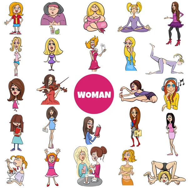 Illustrazione Cartone Animato Donne Ragazze Personaggi Grande Set — Vettoriale Stock