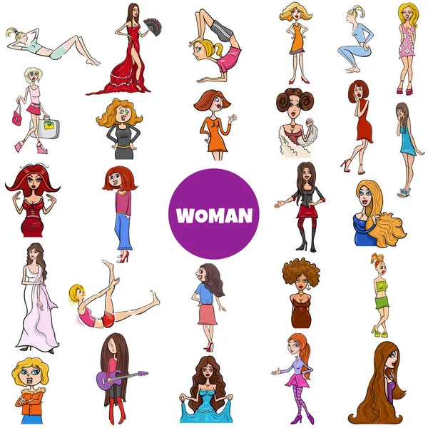 Illustrazione Cartone Animato Donne Ragazze Personaggi Comici Grande Set — Vettoriale Stock
