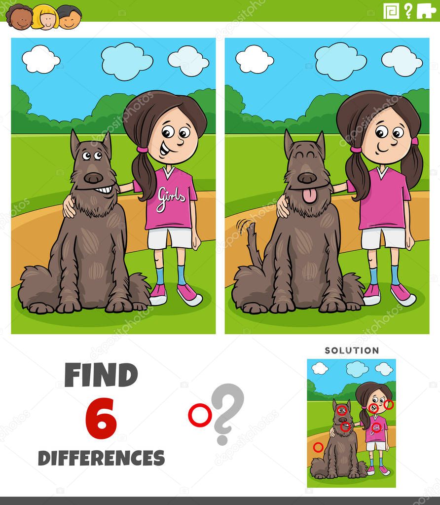 Cartoon illustration of finding the differences between pictures educational game with girl and her dog
